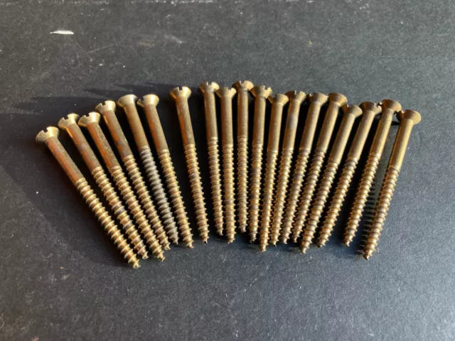 19 Vintage NOS, SOLID BRASS Wood Screws With Slotted Flat Head 2-1/2" x #10