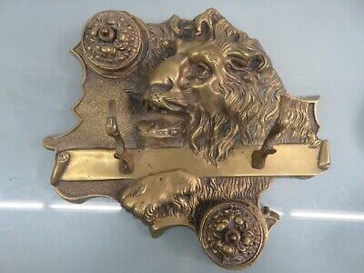 Ornate Fine Cast Bronze/Brass Roaring Lion Gilt Double Inkwell & Pen Holder