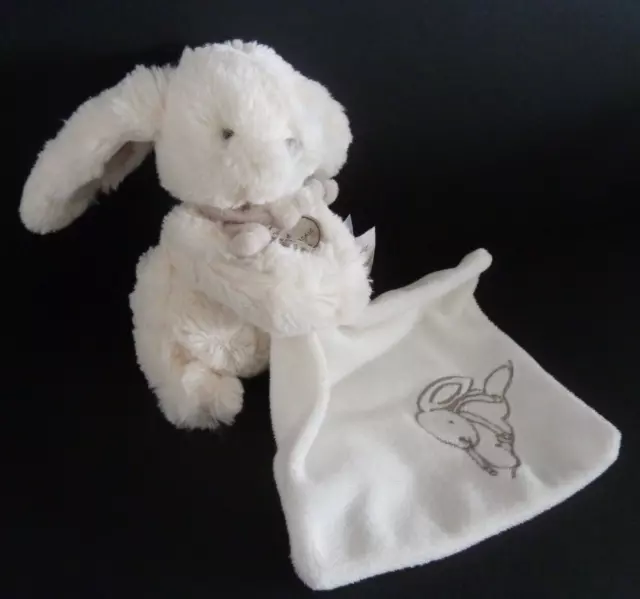 TT. Mon tout petit DOUDOU ET COMPAGNIE LAPIN BONBON MOUCHOIR BLANC TAUPE 18cm