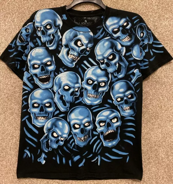 Liquid Blue Skull Pile T SHIRT Black Large Glow In The Dark All Over Print Rap