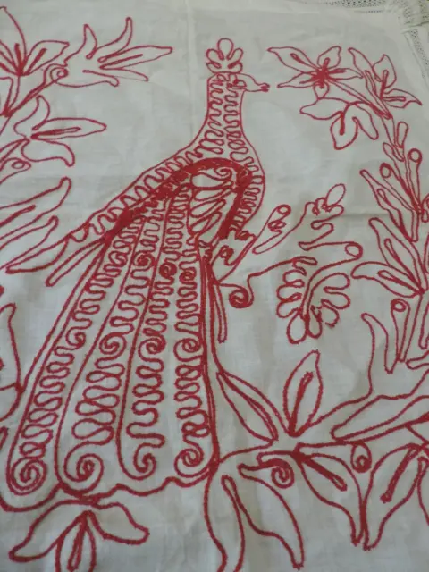 LOVELY VINTAGE HAND EMBROIDERED TABLE TOPPER~PILLOW COVER~ PEACOCK~28 x 32