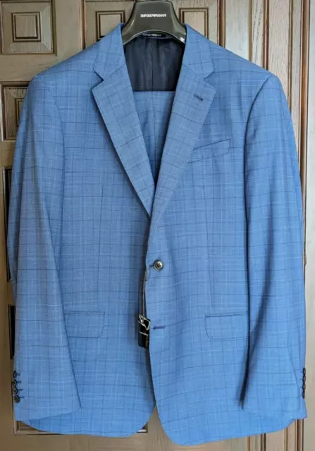 EMPORIO ARMANI G Line Men's Wool Azure Blue Plaid Suit 48 L (58 EU) NWOT $1895