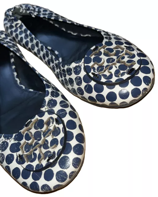 TORY BURCH Reva Leather Ballet Flats Shoes-Classic Navy White Polka Dots-Size 8M 3