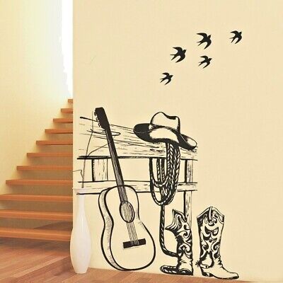 Cowboy Wall Stickers Guitar Sketch Design Boys Bedroom Home Decal PVC Mural DIY