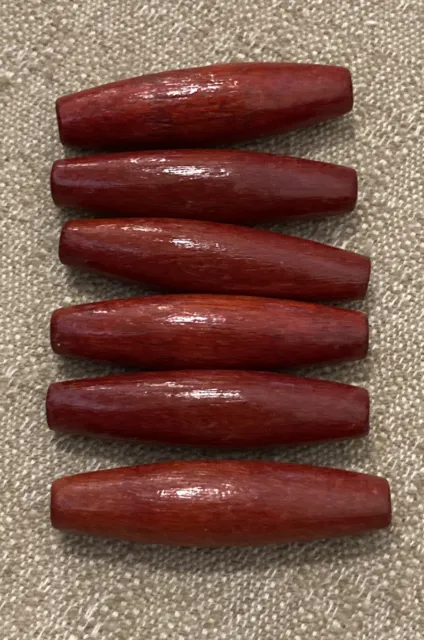 Lot of 6 Large Red/Brown Oblong Wood Macrame Plant Hanger Craft Beads 2 1/2"