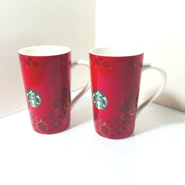 Starbucks 2013 Mug Tall Red Christmas Holiday Ornaments 16oz Coffee Cup 2 Mugs