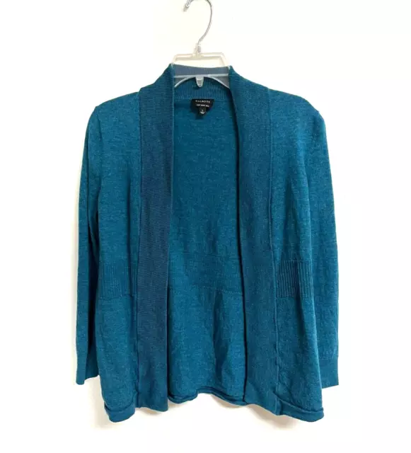 Talbots Pure Merino Wool cardigan sweater Sz L teal blue green open front