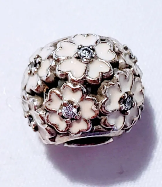 Retired Pandora White Primrose Flower Blossom Enamel Charm  Bead Silver