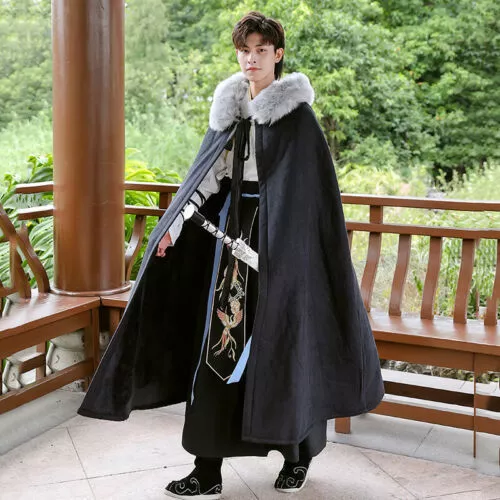 Men Chinese Hanfu Hooded Long Cloak Embroidery Ancient Jacket Warm Cape Coat Top