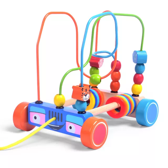 Wooden Toy Car Pull Along Bead Maze Shape Sorter Blocks Toddler Educational Play 3