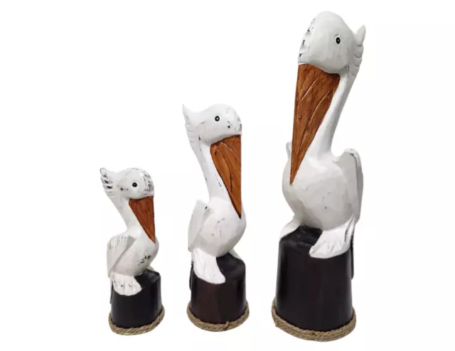 3 Pc Hand Carved Pelican Ocean Bird Wood Sculpture Cottage Tropical Island Art