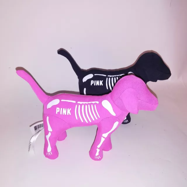 Set of 2 Victoria Secret PINK Stuffed Dogs Collectors Plush Skeleton Pink Black
