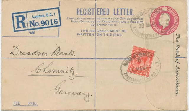 GB 1934 superb used GV 4½d stamped to order postal stationery registered env