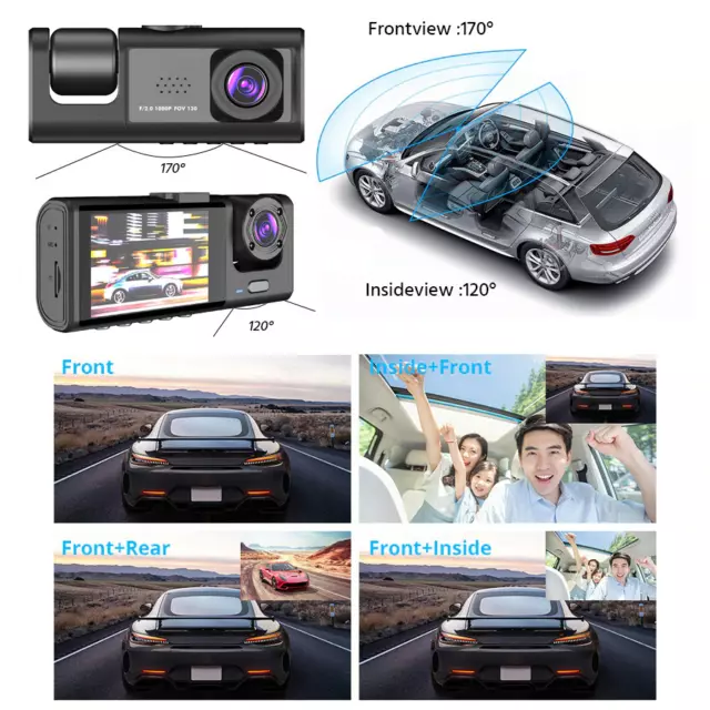 Car Dual Lens Dash Cam HD 1080P Front/Rear/Inside Video Recorder Camera G-Sensor 2