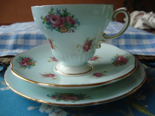 English EB Foley Mid Century Cup, Saucer and Plate Trio - Blue with Pink Roses 2