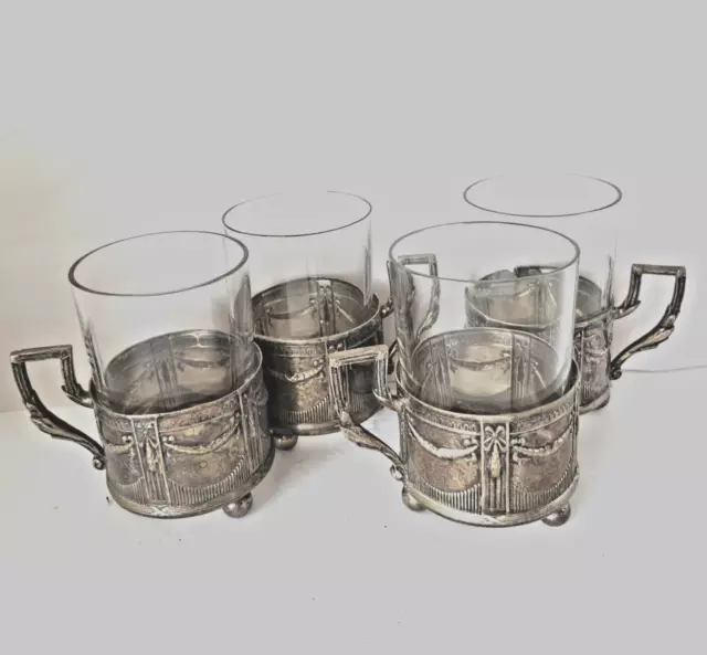 Vintage W&G Silverplate Base Demitasse Cups Espresso Glasses 4 Oz Set of 4