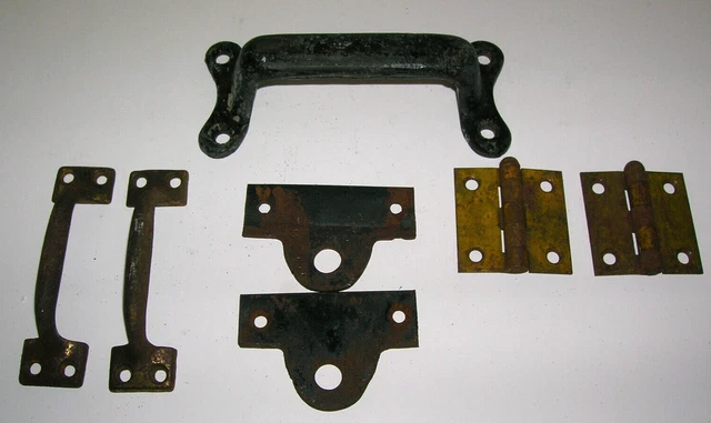 Vintage Hardware Off Wooden Carpenter's Box Large Brass Handle ~ Hinges Hasp etc