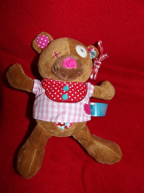 Doudou Peluche Lief ! Ours Marron Ventre Fleur Blouse Vichy Rose Neuf