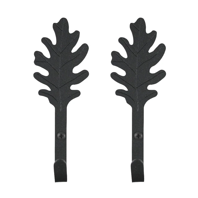 Coat Robe Hooks Black Wrought Iron Leaf Shaped 5" Wall Mount Pack of 2