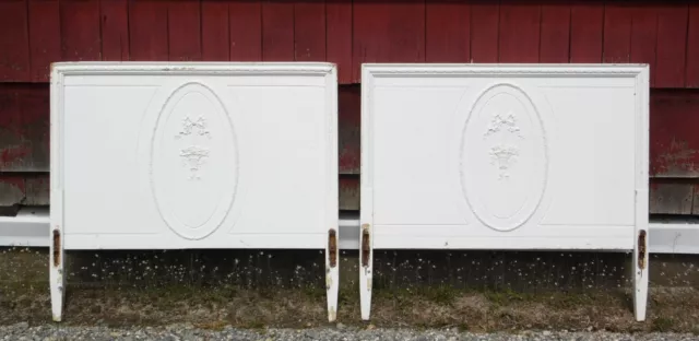 Vintage Pair Solid Wood White Painted Cottage Shabby Chic Twin Bed Headboards