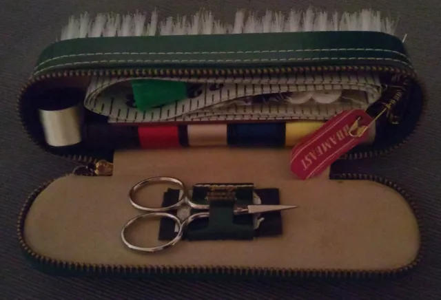 Vintage Green Genuine Leather Zippered Sewing Kit w/Attached Clothes Brush