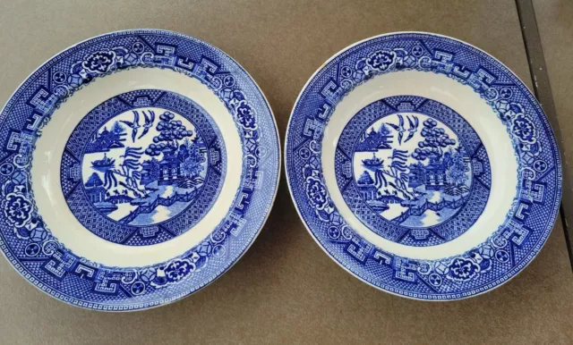 Vintage Homer Pair of Homer Laughlin Blue Willow Matched pair rimmed Soup Bowls