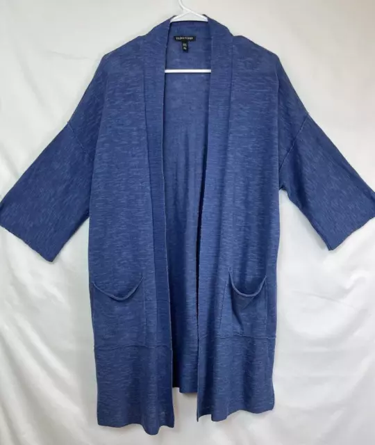 Eileen Fisher Womens S/M Blue Linen Cotton Blend Long Sleeve Open Front Cardigan