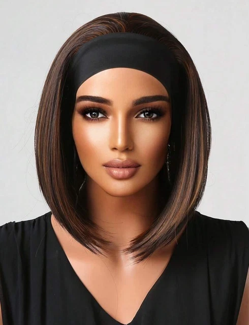 Perruque Synthétique Brun Châtain Foncé Femme - Courte, Lisse, Avec Frange - Bonnet Moyen +4