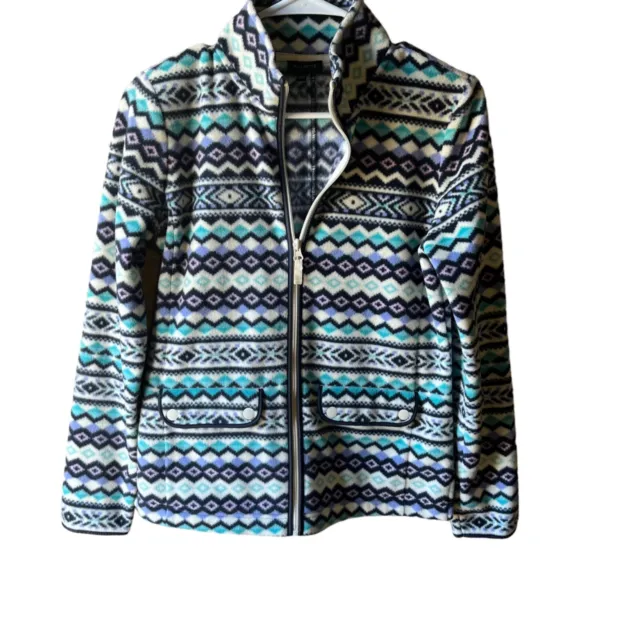 TALBOTS WOMEN’S BLUE Purple Tribal Print Fleece Jacket Size XS Coat Zip ...