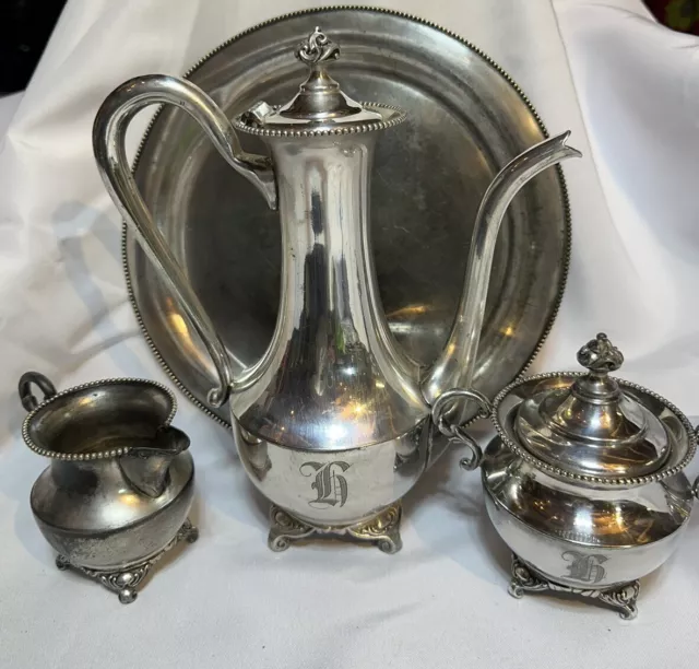 Antique Adelphi Silver Plate Company 4 Pcs Tea Set #1001 H Monogram