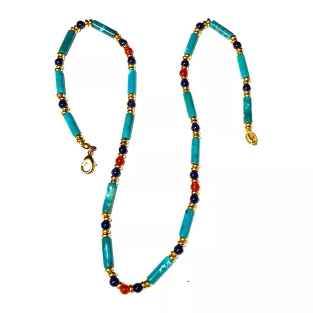 Egyptian Turquoise Tube Carnelian and Lapis Lazuli Necklace 18 inch