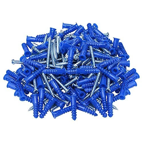 HangDone Ribbed Wall Anchors #10-#12 1-1/4-Inch with Screws 100-Pack Blue