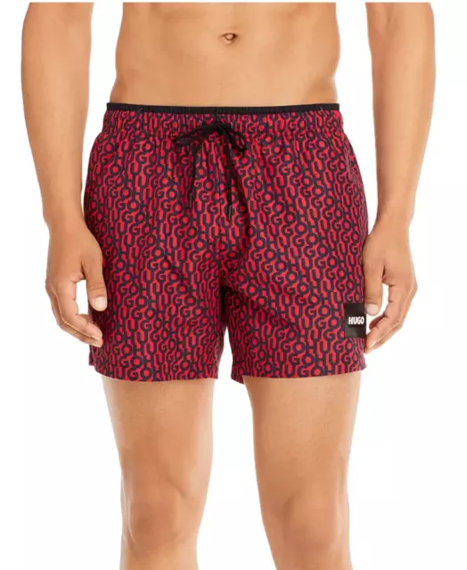 HUGO Hugo Boss Jago Red / Black Logo Print Quick Dry Swim Trunks sz L New Tags