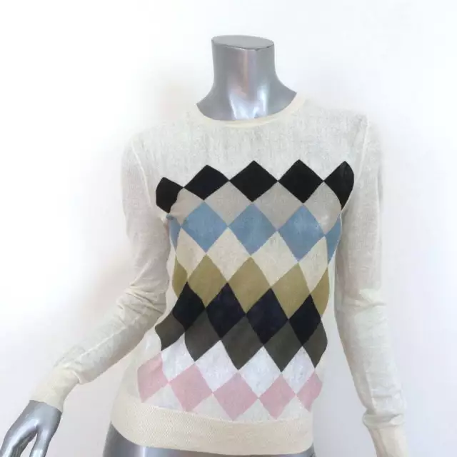 Theory Argyle Intarsia Sweater Ivory Linen-Blend Size Petite Crewneck Pullover