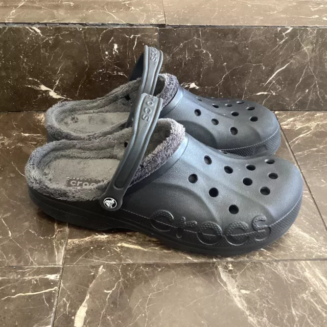 Crocs Mens Baya 12545 Black Gray Faux Fur Slip On Casual Clogs Shoes Size 13