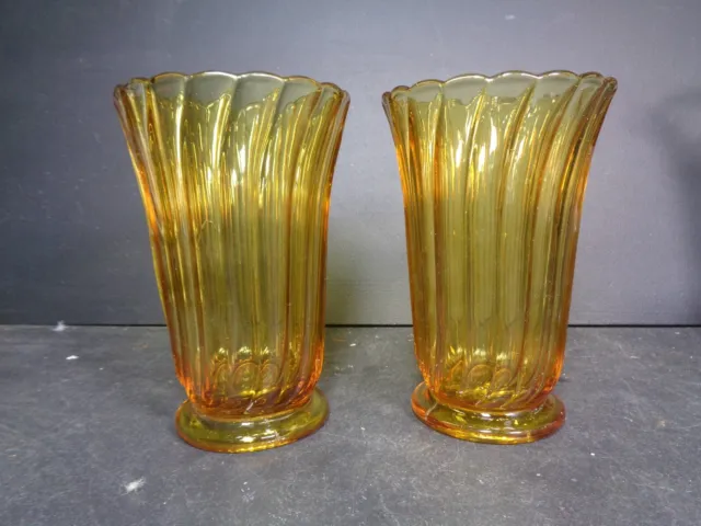 2 x Bagley Art Deco Amber Glass Carnival Celery Vase