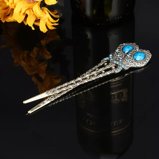 2 palitos de cabello de estrás vintage bronce tradicionales para mujer (azul)