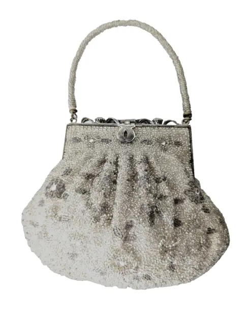Vintage Beautiful Japanese Kimono Silver Beaded Handbag with Clasp
