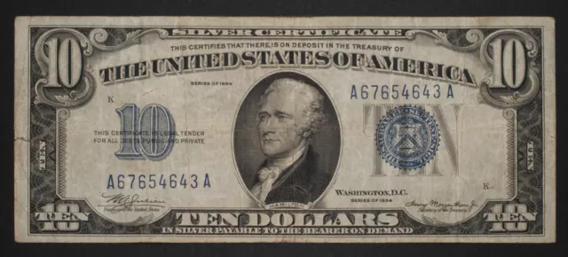 1934 $10 MULE Silver Certificate Blue Seal Note Fr 1701m Macro BP#627