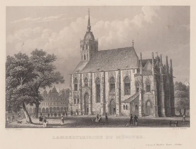 Münster Lambertikirche Original Grabado de Acero Winkles 1842