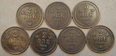 Sweden  Two Ore 1879,82,86,89,90,99,+1900 Mid Grade as Pictured