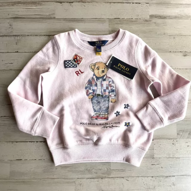 Polo Ralph Lauren Girls Polo Bear Fleece Sweatshirt Pink Embroidered Size 5 NWT