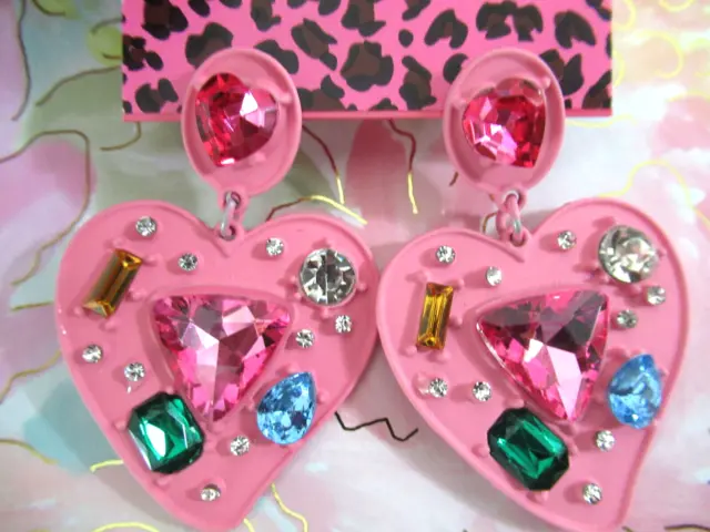 Betsey Johnson Lovely Rhinestone Pink Hearts Valentine Earrings Nwt