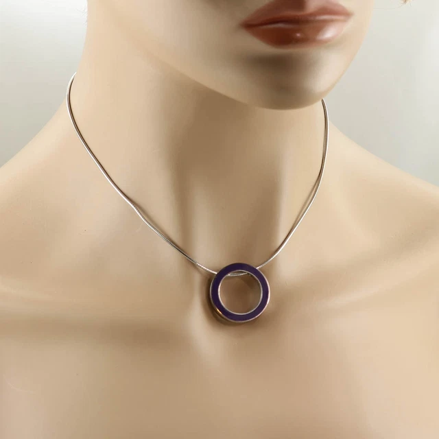 Movado Purple Enamel Circle Of Love On 1.5Mm Omega Chain 16" 925 Sterling Silver