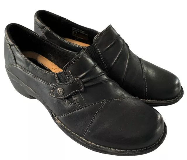 Earth Origins Leather Loafer Black Gates Slip On Shoes Women 9 M Comfort 2" Heel