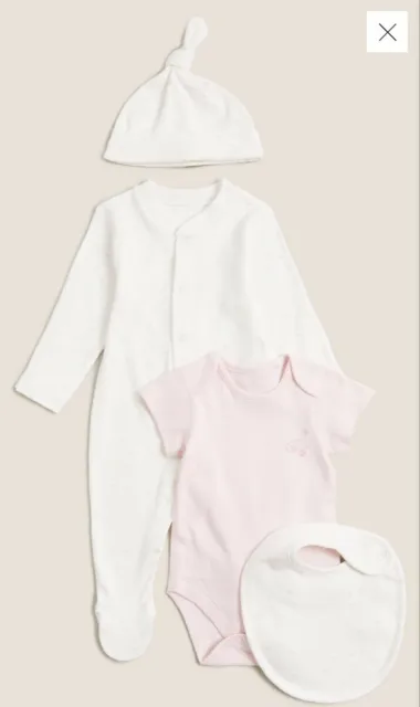 New M&S Baby Girl 4 Piece Set Babygrow,Vest,Bib & Hat Pink & White Mix  0-3 Mths
