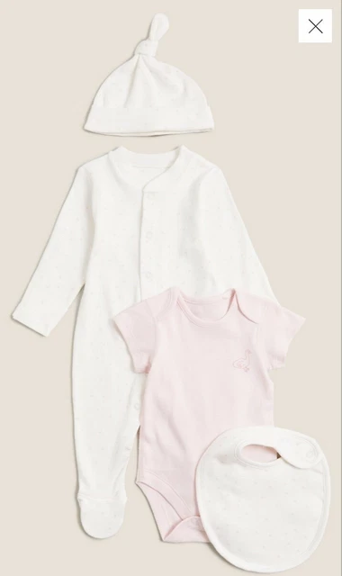 New M&S Baby Girl 4 Piece Set Babygrow,Vest,Bib & Hat Pink & White Mix  0-3 Mths