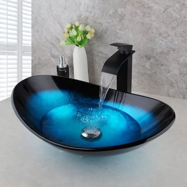 Blue&Black Tempered Glass Bathroom Sink Set Basin Waterfall Taps Faucet & Drain