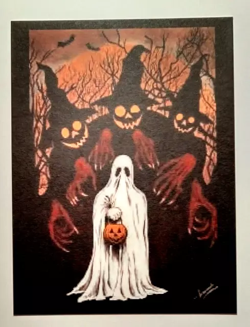 *Halloween* Postcard: Creepy Trick/Treat Ghost, Vintage Style Image~Reproduced