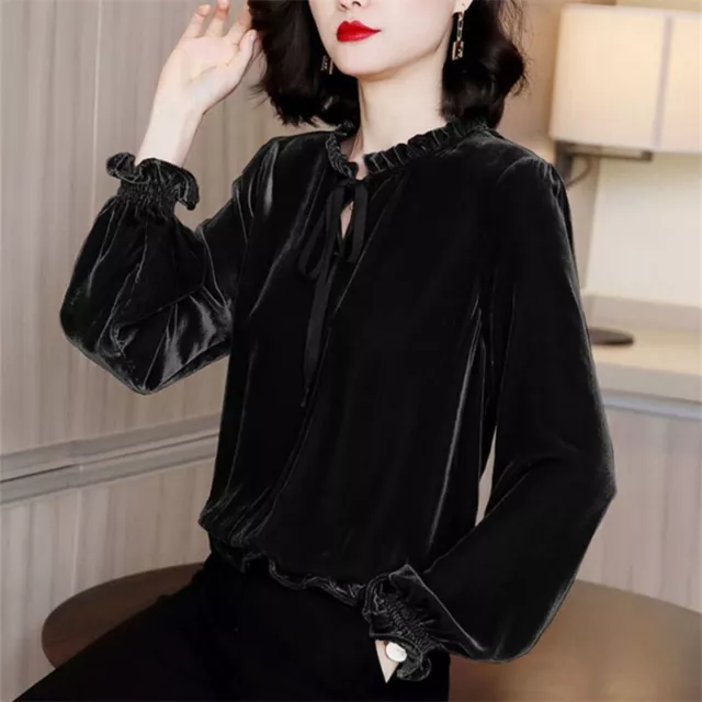 Lady Velvet Shirt Bow Tie Ruffle Mock Neck Lantern Sleeve Working Blouse Top Fit